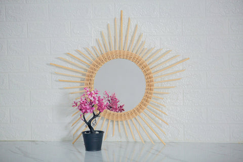 Miroir mural rond en rotin Fleur - décoration murale - écru naturel fait main - Miroir bohème en rotin - Miroir décoratif mural - Miroirs en osier