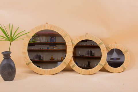 Lot de 3 miroirs muraux ronds en rotin- décoration murale-Miroir bohème en rotin-Miroir décoratif mural-Miroirs en osier