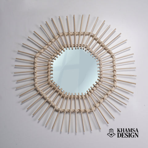Miroir mural rond en rotin Fleur - décoration murale - écru naturel fait main - Miroir bohème en rotin - Miroir décoratif mural - Miroirs en osier