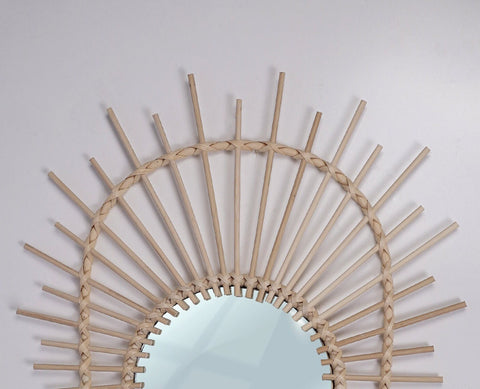 Miroir mural rond en rotin Fleur - décoration murale - écru naturel fait main - Miroir bohème en rotin - Miroir décoratif mural - Miroirs en osier