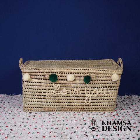 Coffre de rangement en osier - Coffre de rangement et panier en feuille de palmier 80 cm, je t'aime