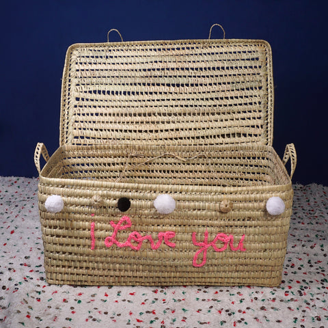 Coffre de rangement en osier - Coffre de rangement et panier en feuille de palmier 80 cm, je t'aime