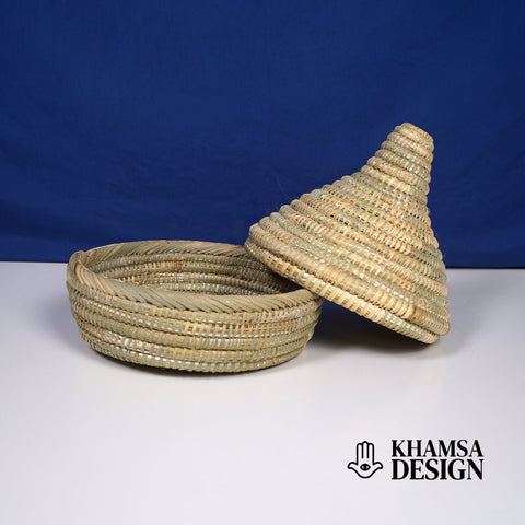 panier, panier de rangement marocain, fait main au Maroc, panier avec couvercle, panier berbère, panier ethnique, panier à tajine, panier à pampilles