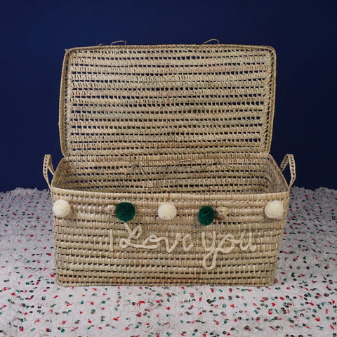 Coffre de rangement en osier - Coffre de rangement et panier en feuille de palmier 80 cm, je t'aime