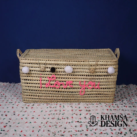 Coffre de rangement en osier - Coffre de rangement et panier en feuille de palmier 80 cm, je t'aime