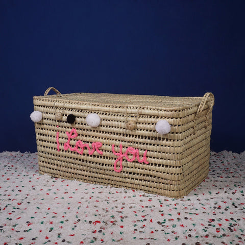 Coffre de rangement en osier - Coffre de rangement et panier en feuille de palmier 80 cm, je t'aime