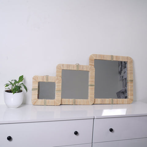 Lot de 3 miroirs muraux carrés en rotin- décoration murale-Miroir bohème en rotin-Miroir décoratif mural-Miroirs en osier