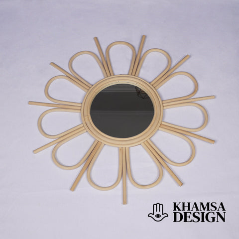 Miroir mural rond en rotin Fleur - décoration murale - écru naturel fait main - Miroir bohème en rotin - Miroir décoratif mural - Miroirs en osier