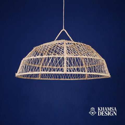 Suspension Bell en raphia et abat-jour en dentelle