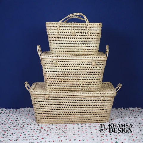 Coffre de rangement Trio en osier - 3 Coffres de rangement en feuilles de palmier Panier de rangement 80+60+50 cm