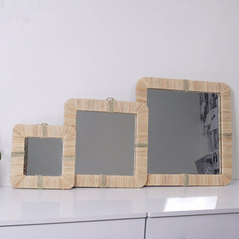 Lot de 3 miroirs muraux carrés en rotin- décoration murale-Miroir bohème en rotin-Miroir décoratif mural-Miroirs en osier