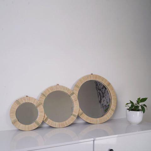 Lot de 3 miroirs muraux ronds en rotin- décoration murale-Miroir bohème en rotin-Miroir décoratif mural-Miroirs en osier