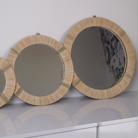 Lot de 3 miroirs muraux ronds en rotin- décoration murale-Miroir bohème en rotin-Miroir décoratif mural-Miroirs en osier