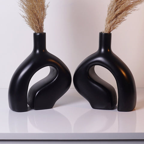 Vase nordique en céramique - Lot de 2 vases en céramique - Élément décoratif noir élégant