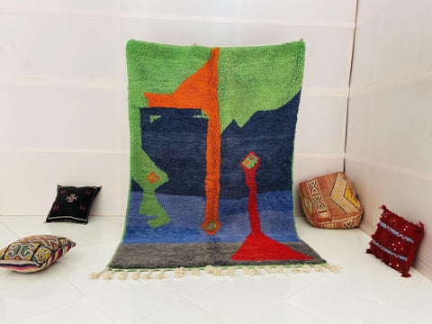 Boujad Moroccan Rug, Handmade Boujaad Rug, Authentic Moroccan Rug, Abstract Berber Rug, Green Blue Wool Rug, Sheep Wool Rug, Bohemian Rug.