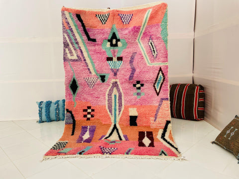 Boujad Moroccan Rug, Handmade Boujaad Rug, Authentic Moroccan Rug, Abstract Berber Rug, pink Wool Rug, Sheep Wool Rug, Bohemian Rug.