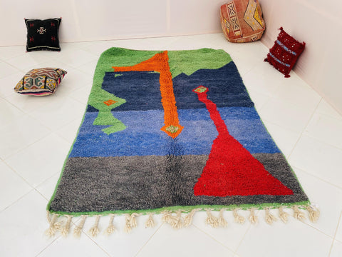 Boujad Moroccan Rug, Handmade Boujaad Rug, Authentic Moroccan Rug, Abstract Berber Rug, Green Blue Wool Rug, Sheep Wool Rug, Bohemian Rug.