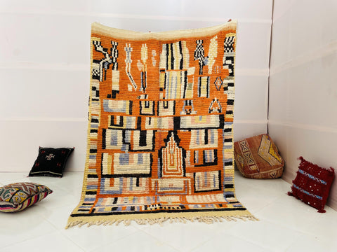 Boujad Moroccan Rug, Handmade Boujaad Rug, Authentic Moroccan Rug, Abstract Berber Rug, Orange Wool Rug, Sheep Wool Rug, Bohemian Rug.
