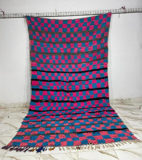 Large Blue and Pink checkered rug Authentic Bohemian Rug  5.1 x 9.8 ft, One of a kind berber Moroccan carpet, large area Moroccan rug