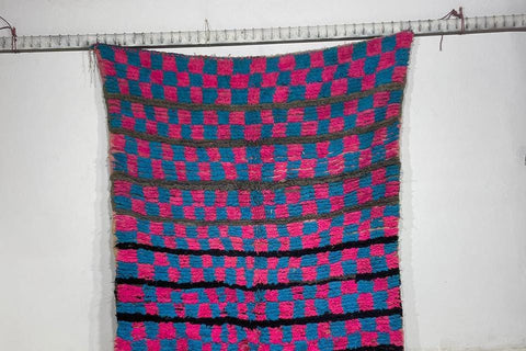 Large Blue and Pink checkered rug Authentic Bohemian Rug  5.1 x 9.8 ft, One of a kind berber Moroccan carpet, large area Moroccan rug