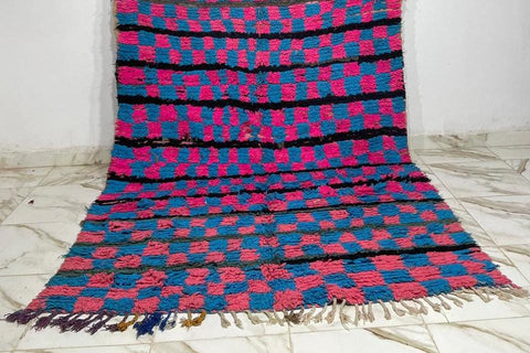 Large Blue and Pink checkered rug Authentic Bohemian Rug  5.1 x 9.8 ft, One of a kind berber Moroccan carpet, large area Moroccan rug