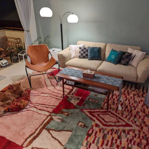 Unique Anouk Ikat Moroccan Mrirt Rug: Add a Touch of Global Glamour with a Fusion of Ikat Patterns and Traditional Mrirt Weaving Techniques