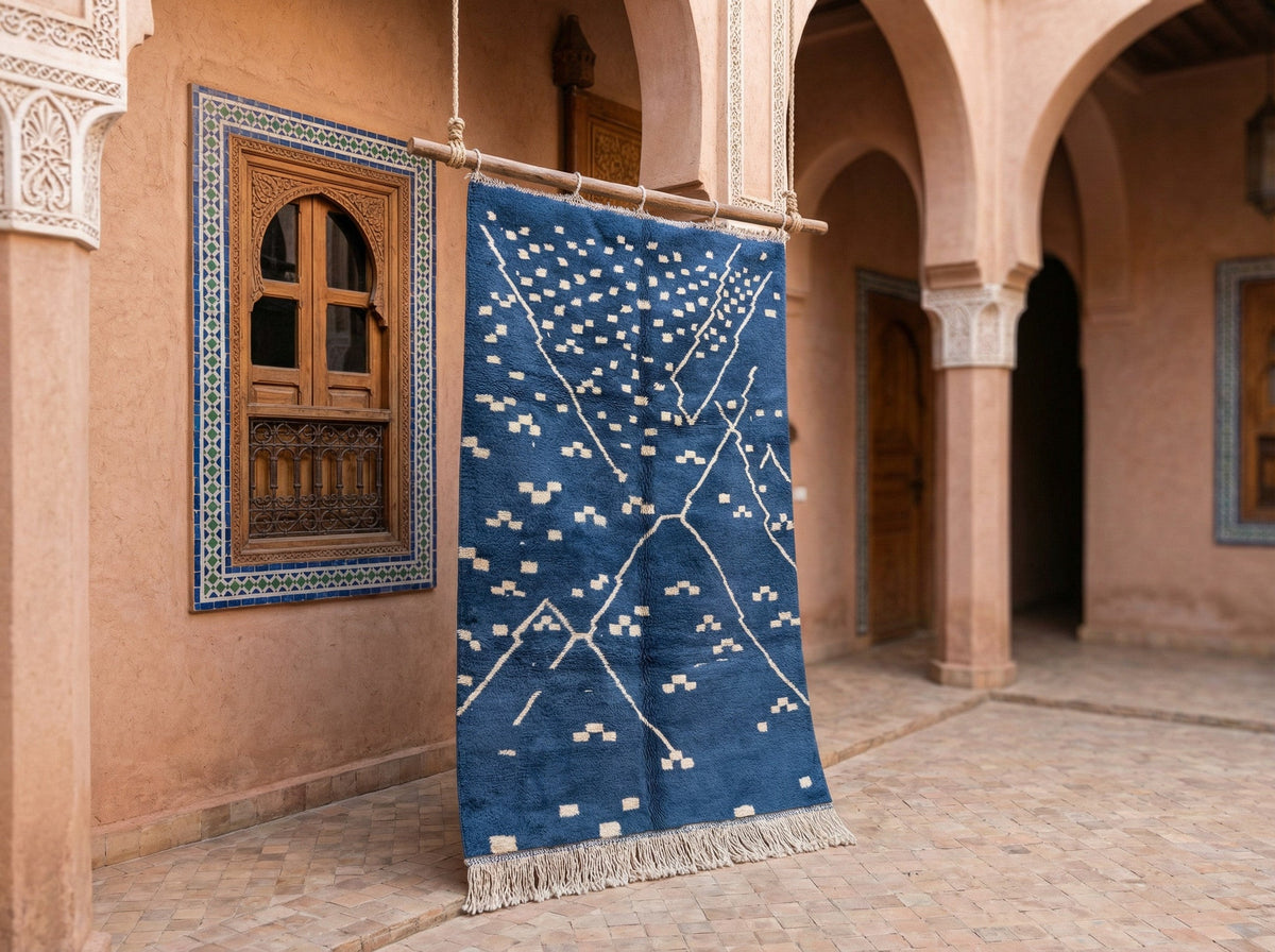 Indigo & Cream Dotted Crossed Diamonds Custom Moroccan Rug - Africancreates