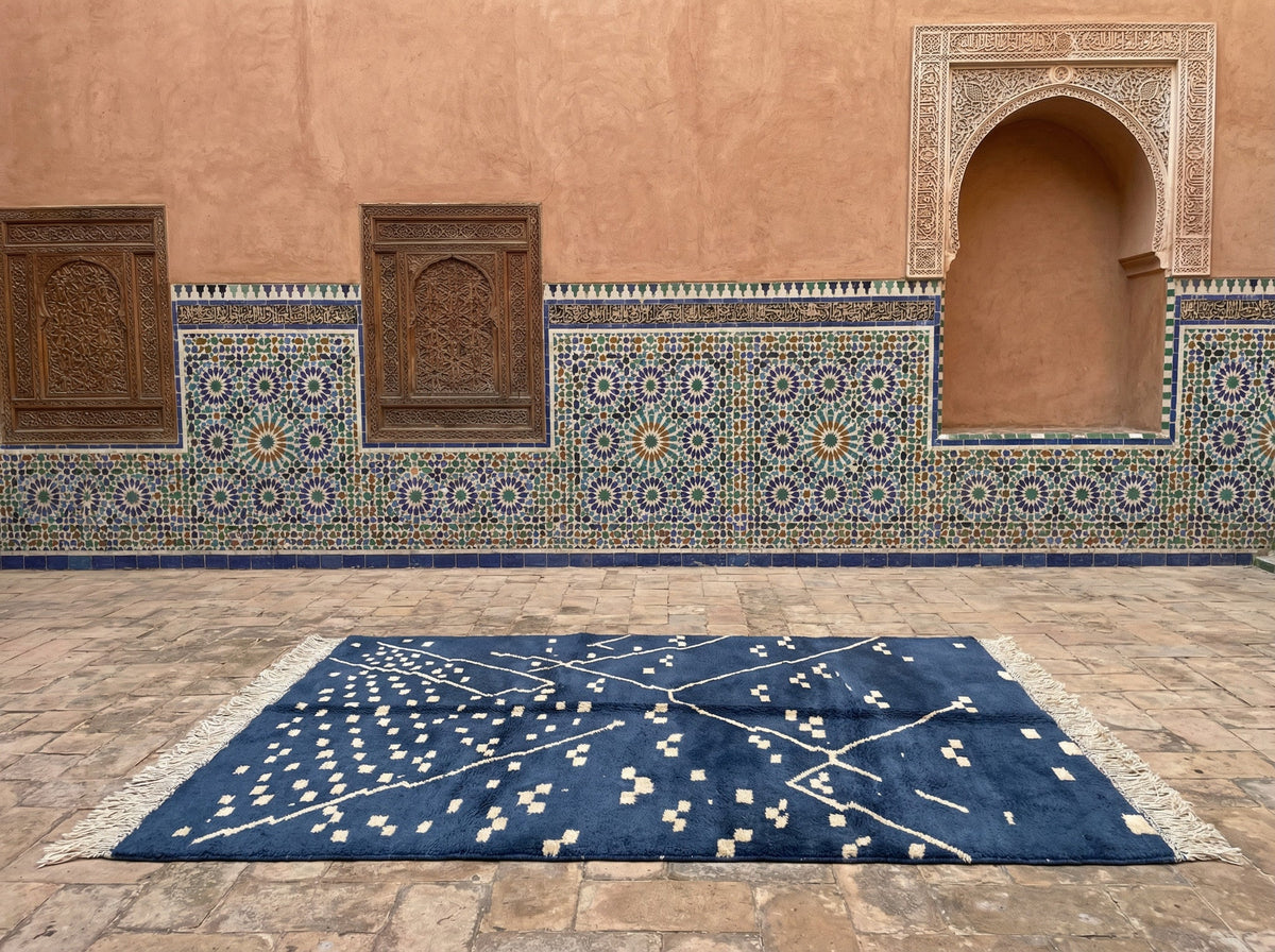 Indigo & Cream Dotted Crossed Diamonds Custom Moroccan Rug - Africancreates