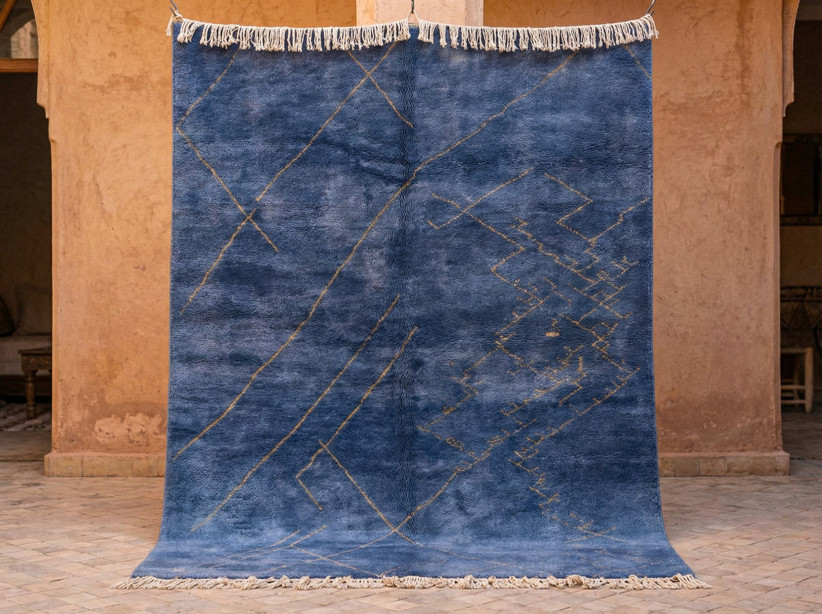 Indigo Fine Gold Crossing Diamonds Custom Moroccan Rug - Africancreates