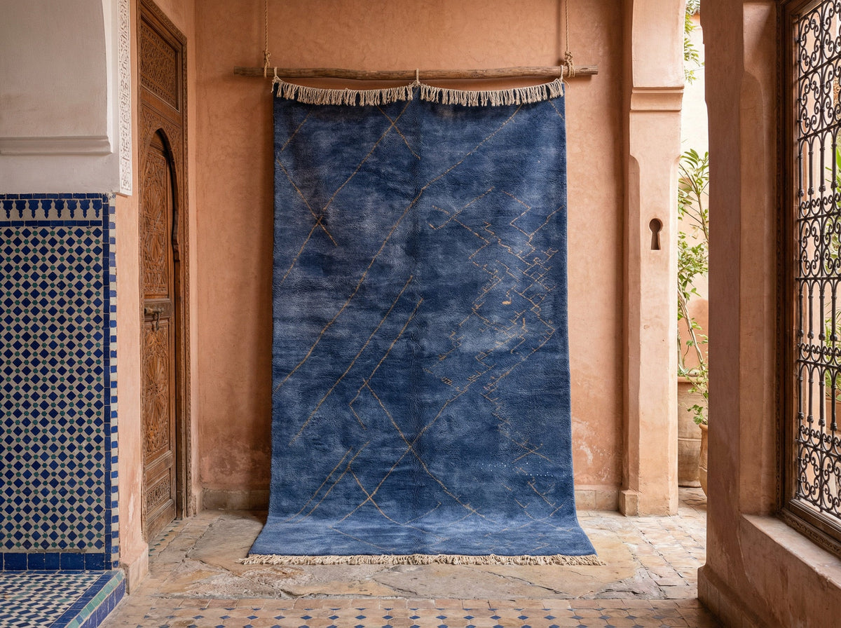 Indigo Fine Gold Crossing Diamonds Custom Moroccan Rug - Africancreates