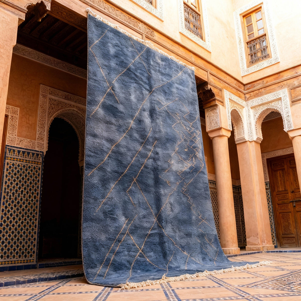 Indigo Fine Gold Crossing Diamonds Custom Moroccan Rug - Africancreates