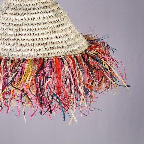 Palm and raffia pendant light, Rattan ceiling light, Natural lighting