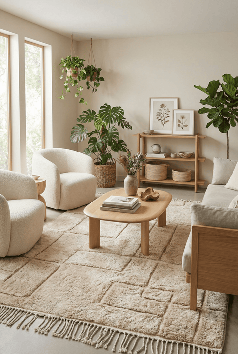 Living room scene with light brown rug, wooden furniture, and green plants.