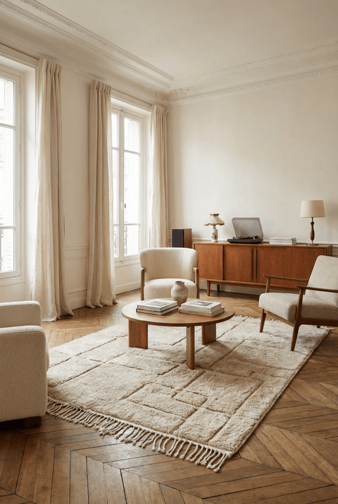 Lifestyle view of a living room with light brown rug, beige furniture, and natural light.
