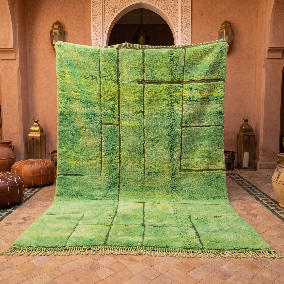 Lime Green Irregular Cut Grid Custom Moroccan Rug - Africancreates