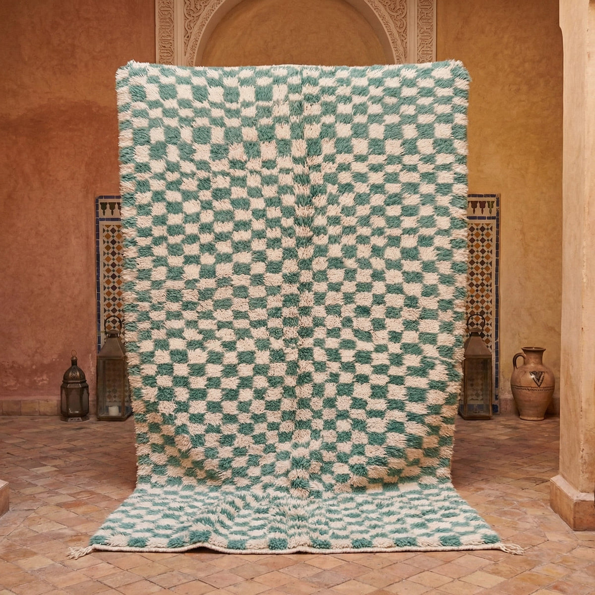 Mint & Cream Small Checkerboard Custom Moroccan Rug - Africancreates