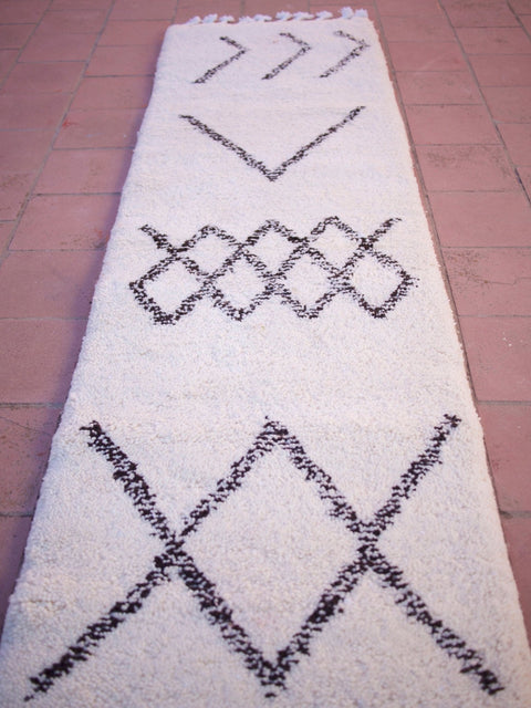 Detail close-up of the black and white Beni Ourain runner rug showcasing its geometric patterns.