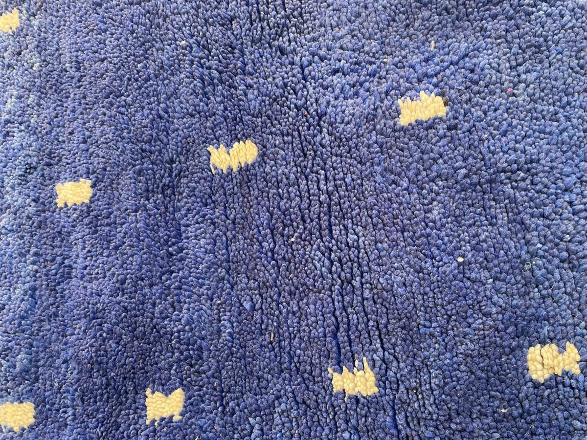 Detailed view of the textured pattern on a blue Moroccan rug.