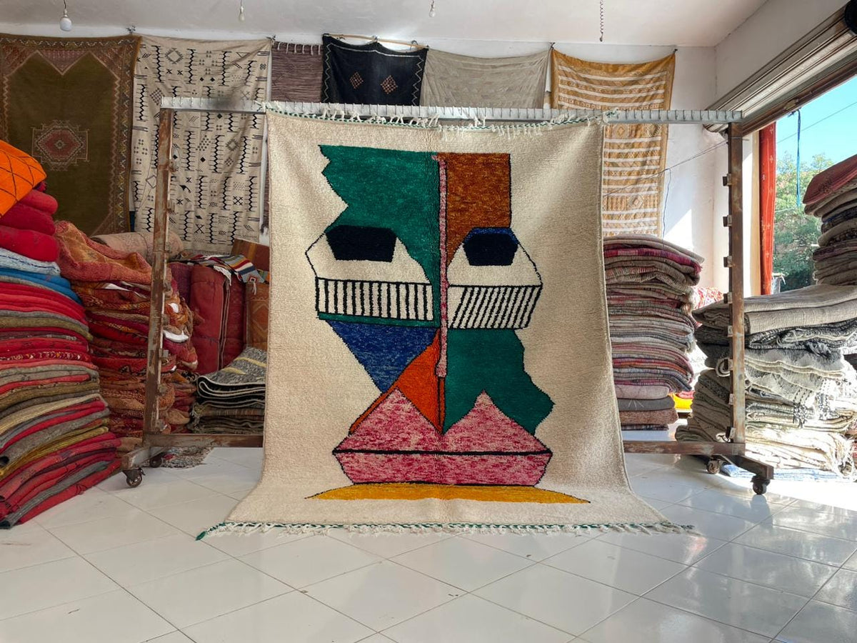 Lifestyle shot of a colorful rug with geometric patterns in a natural setting.