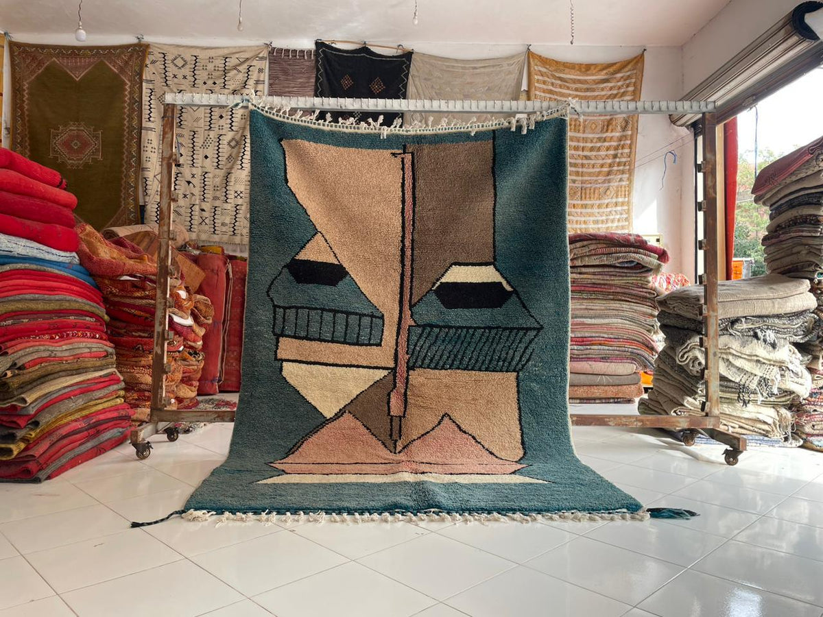 Lifestyle shot displaying a colorful Moroccan rug with geometric patterns and various textures.