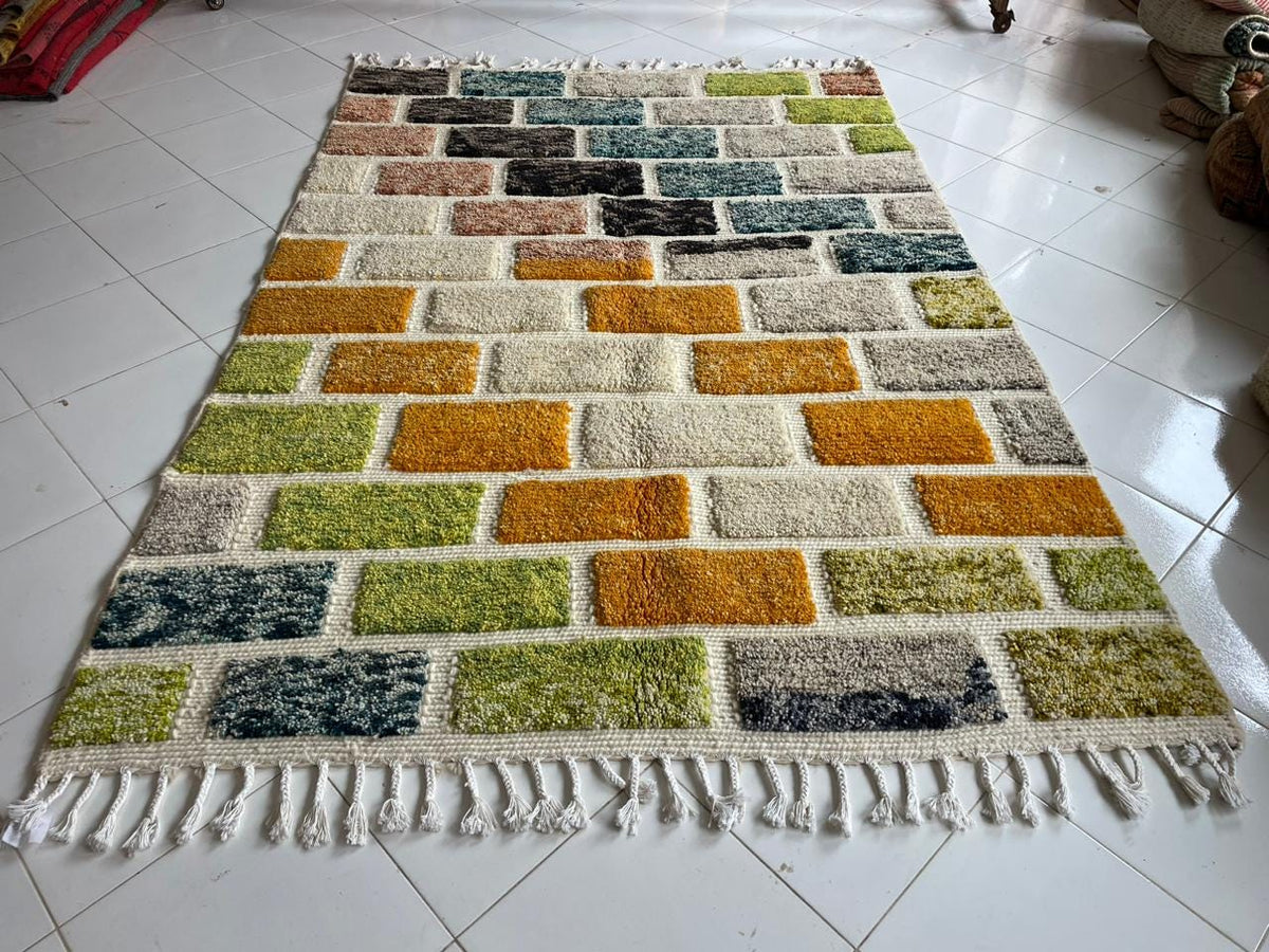 Front view of a colorful Moroccan rug showcasing vibrant colors and bohemian style.