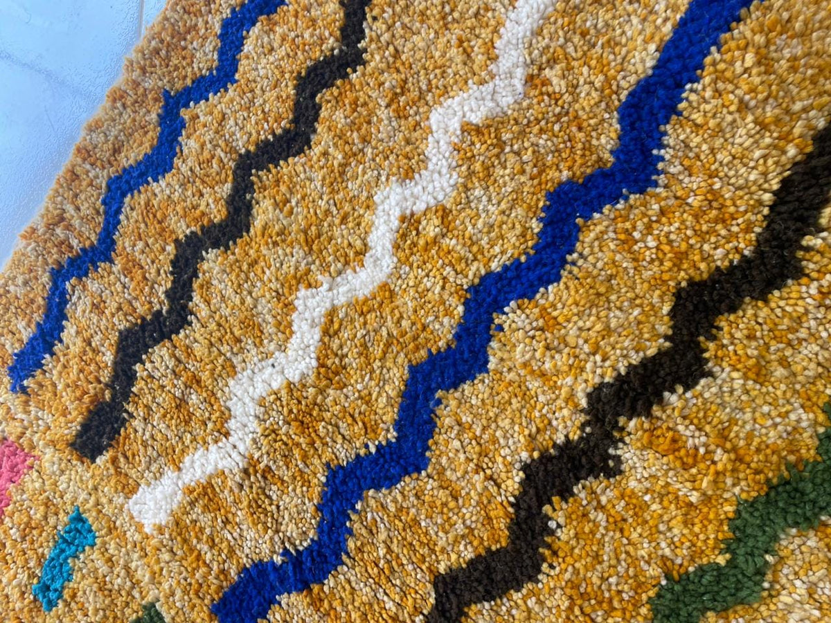 Detail close-up of a colorful Moroccan rug featuring a zigzag pattern in yellow, blue, white, and black.