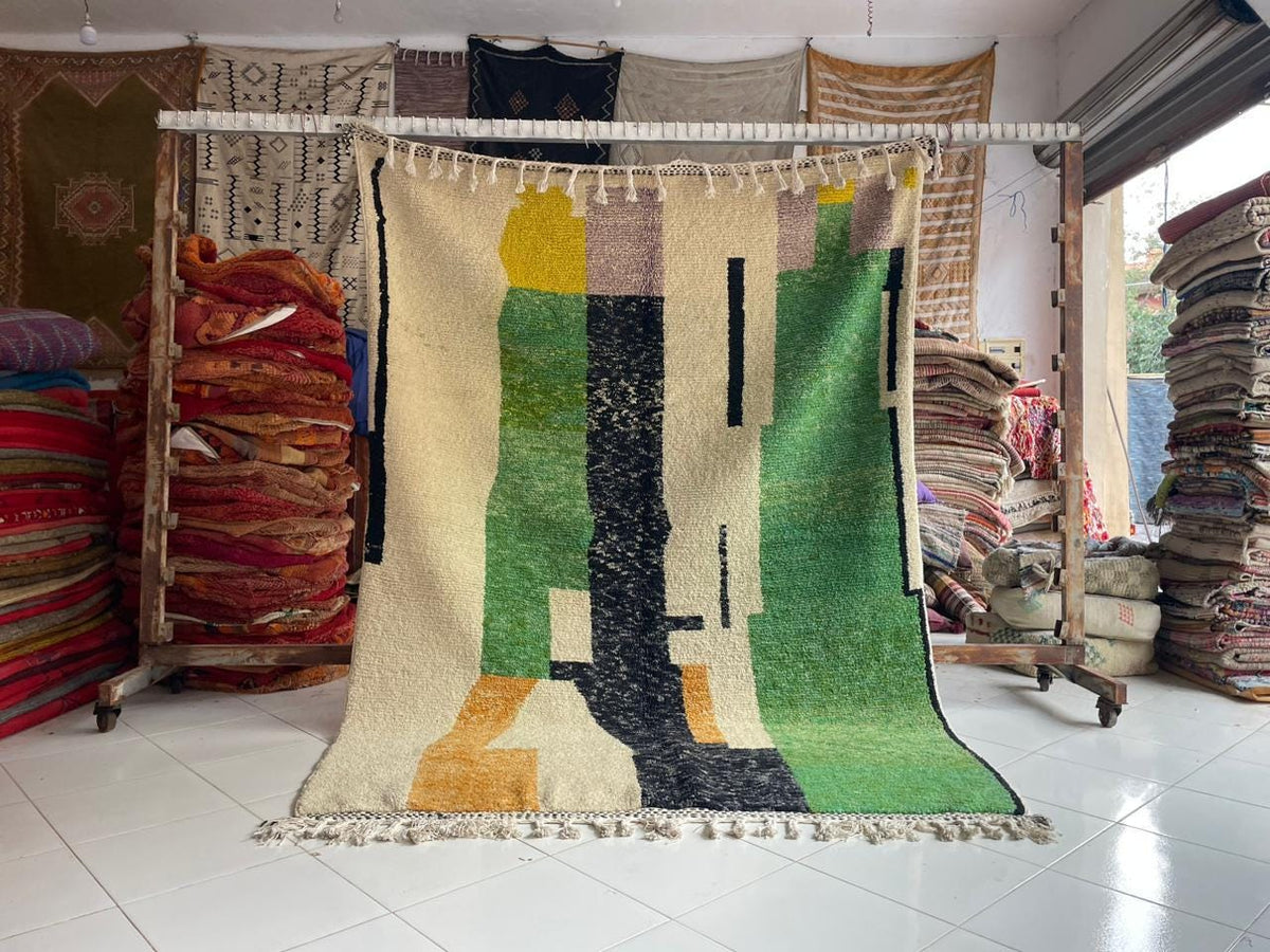 Lifestyle shot of a Moroccan rug displaying geometric patterns in a natural setting.