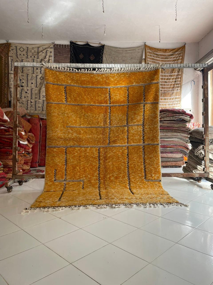 Lifestyle shot of an orange Moroccan rug with a geometric pattern in a natural setting.
