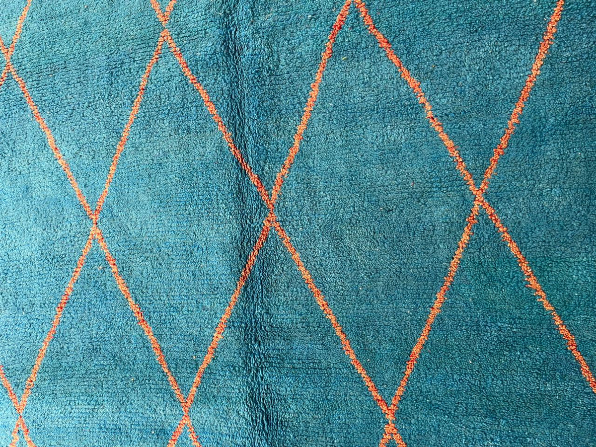 Close-up detail showcasing the textured surface of a turquoise Moroccan rug.