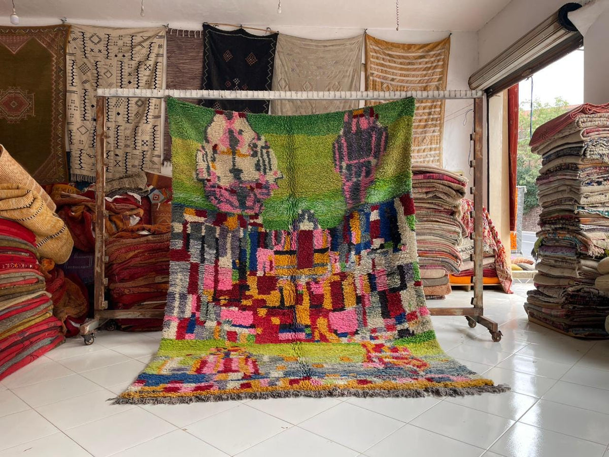 Lifestyle shot of colorful rugs displayed in a decorative setting with various vibrant colors.