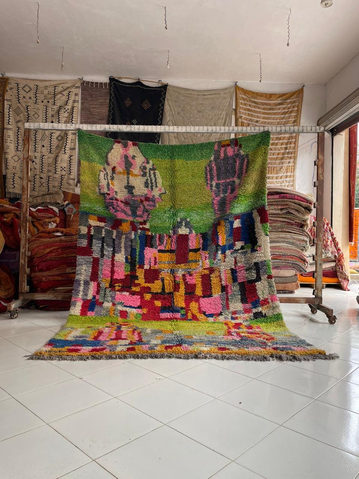 Lifestyle shot of a colorful Moroccan rug featuring vibrant colors and a textured design.