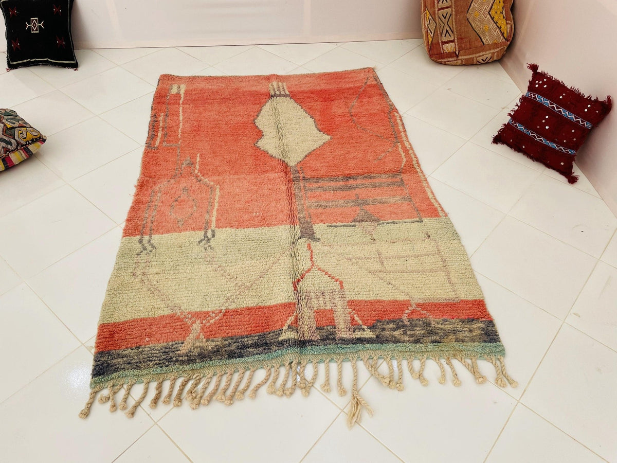 Front view of the orange geometric Beni Ourain Moroccan rug featuring a geometric design.