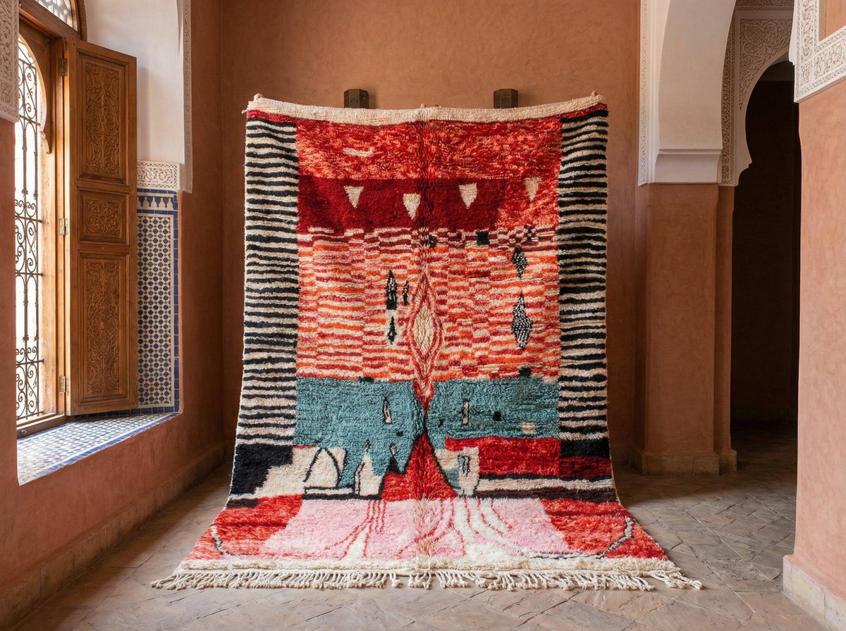 Multicolor, Red & Teal Figurative Geometric Custom Moroccan Rug - Africancreates