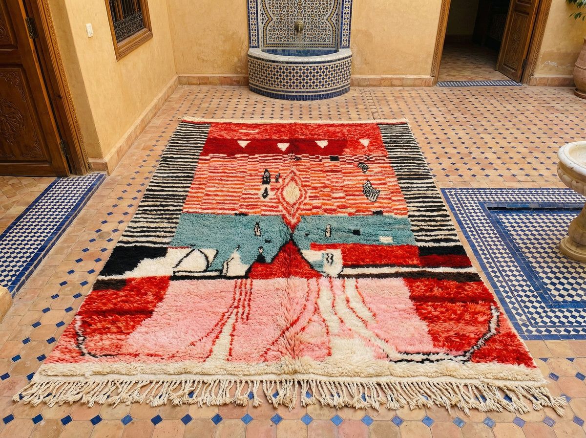 Multicolor, Red & Teal Figurative Geometric Custom Moroccan Rug - Africancreates